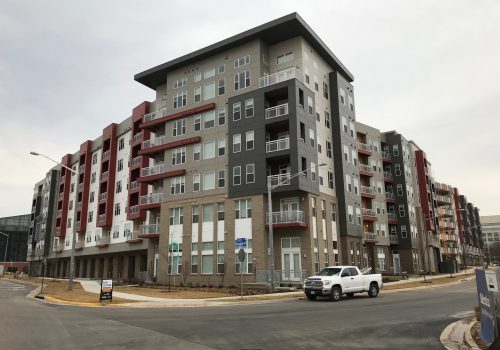 Dulles Station Parcel apartment complex as seen from the street.